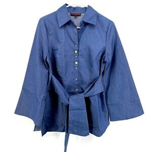Blue Chambray Shirt Dress Belt Turquoise Ornate Buttons Bell Sleeve Small (B)